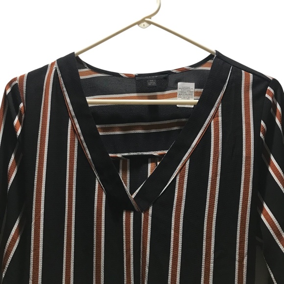 MINE Striped Long Sleeve Wrap Dress | Black Rust White Belted Midi - Picture 7 of 14